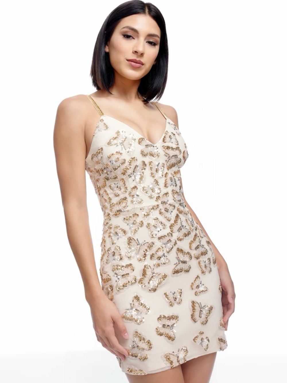 NWT Dress The Population Anya Champagne Multi Butterfly Sequin Beaded‎ Dress